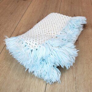 Vintage Handmade Crochet Baby Blanket Fringe Blue White 34x 28 Open Knit Cottage
